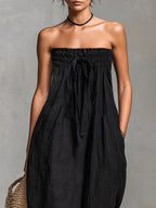 Black Minimalist Loose-fitting Faux Linen-blend Strapless Jumpsuit