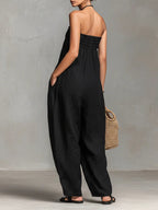 Black Minimalist Loose-fitting Faux Linen-blend Strapless Jumpsuit