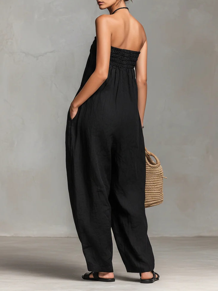 Black Minimalist Loose-fitting Faux Linen-blend Strapless Jumpsuit