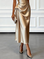 Champagne Satin One-shoulder Sleeveless Ruffled Midi Dress