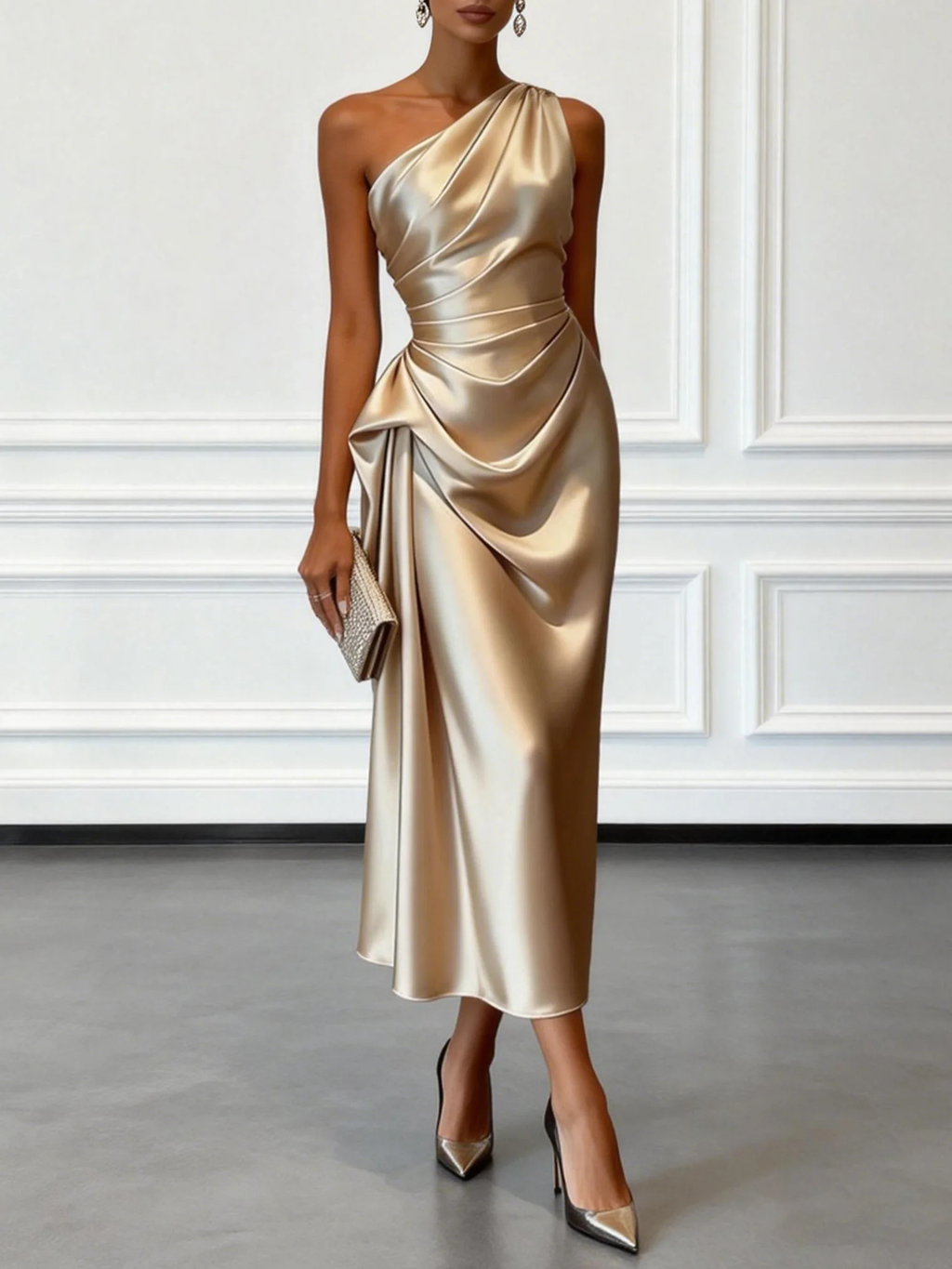 Champagne Satin One-shoulder Sleeveless Ruffled Midi Dress