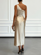 Champagne Satin One-shoulder Sleeveless Ruffled Midi Dress