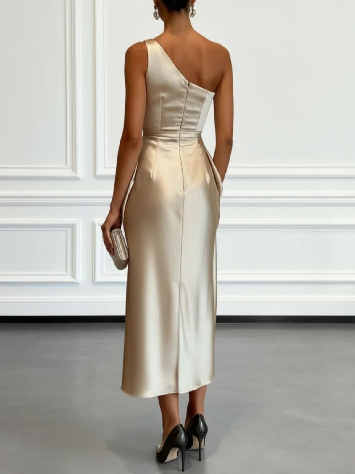 Champagne Satin One-shoulder Sleeveless Ruffled Midi Dress
