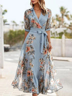 Floral Print V-Neck Short Sleeve Bow Waist Midi Dress
