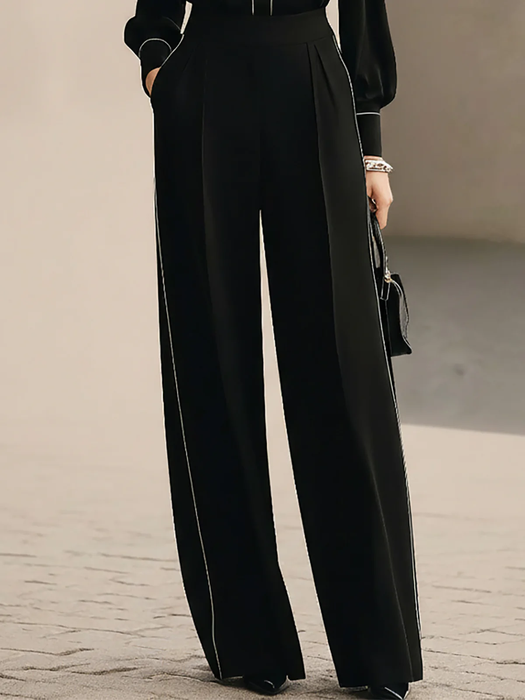 Black And White Trimmed Bow-tie Blouse And Wide-leg Trousers Two-piece Set