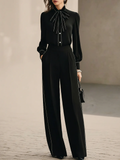Black And White Trimmed Bow-tie Blouse And Wide-leg Trousers Two-piece Set
