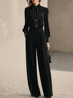 Black And White Trimmed Bow-tie Blouse And Wide-leg Trousers Two-piece Set