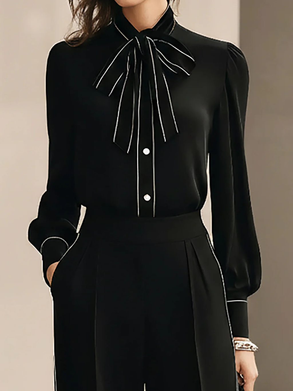 Black And White Trimmed Bow-tie Blouse And Wide-leg Trousers Two-piece Set
