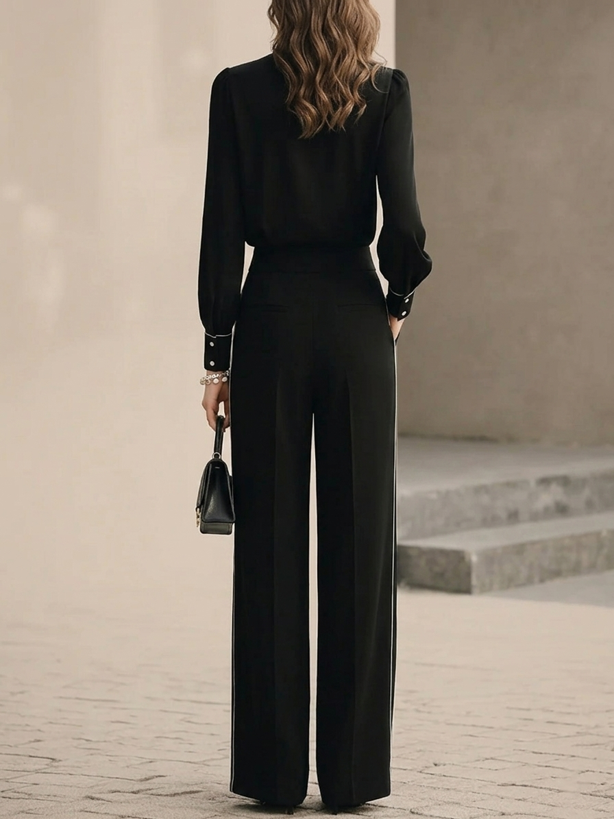 Black And White Trimmed Bow-tie Blouse And Wide-leg Trousers Two-piece Set