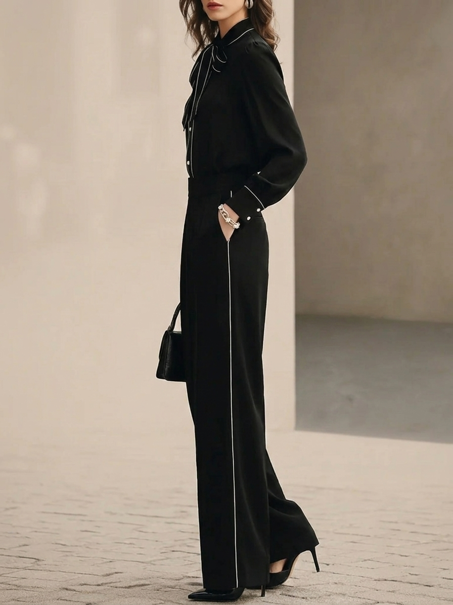 Black And White Trimmed Bow-tie Blouse And Wide-leg Trousers Two-piece Set