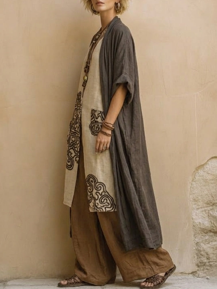 Bohemian Nomadic Dark Gray And Brown Tribal Pattern Three-piece Set