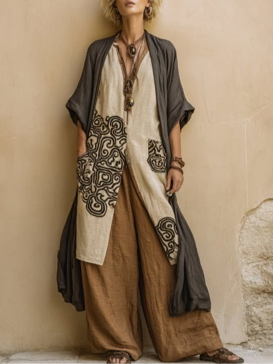 Bohemian Nomadic Dark Gray And Brown Tribal Pattern Three-piece Set