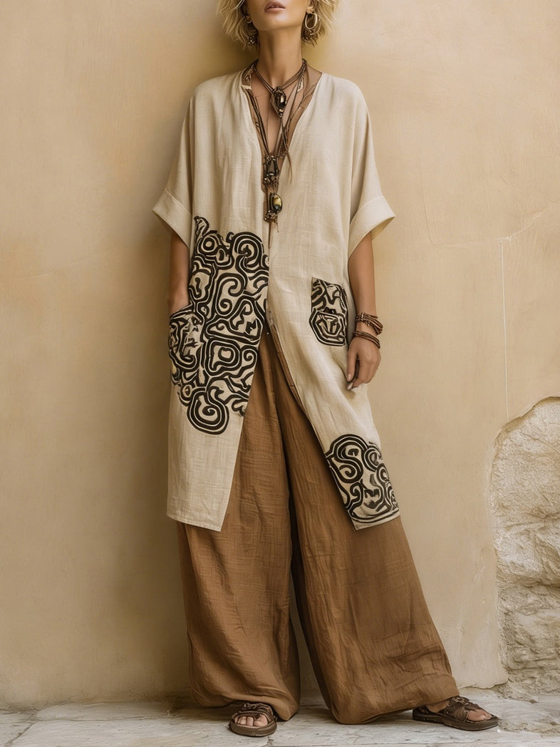 Bohemian Nomadic Dark Gray And Brown Tribal Pattern Three-piece Set