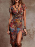 Bohemian Abstract Art Print V-neck Pleated Midi Dress
