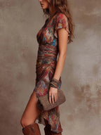 Bohemian Abstract Art Print V-neck Pleated Midi Dress