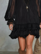 Black V-neck Lantern Sleeve Ruffled Chiffon Mini Dress