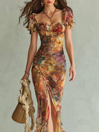 Orange Bohemian Holiday Oil Painting Print Chiffon Maxi Dress
