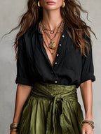 Black Shirt And Olive Green Midi Skirt Two-piece Suit