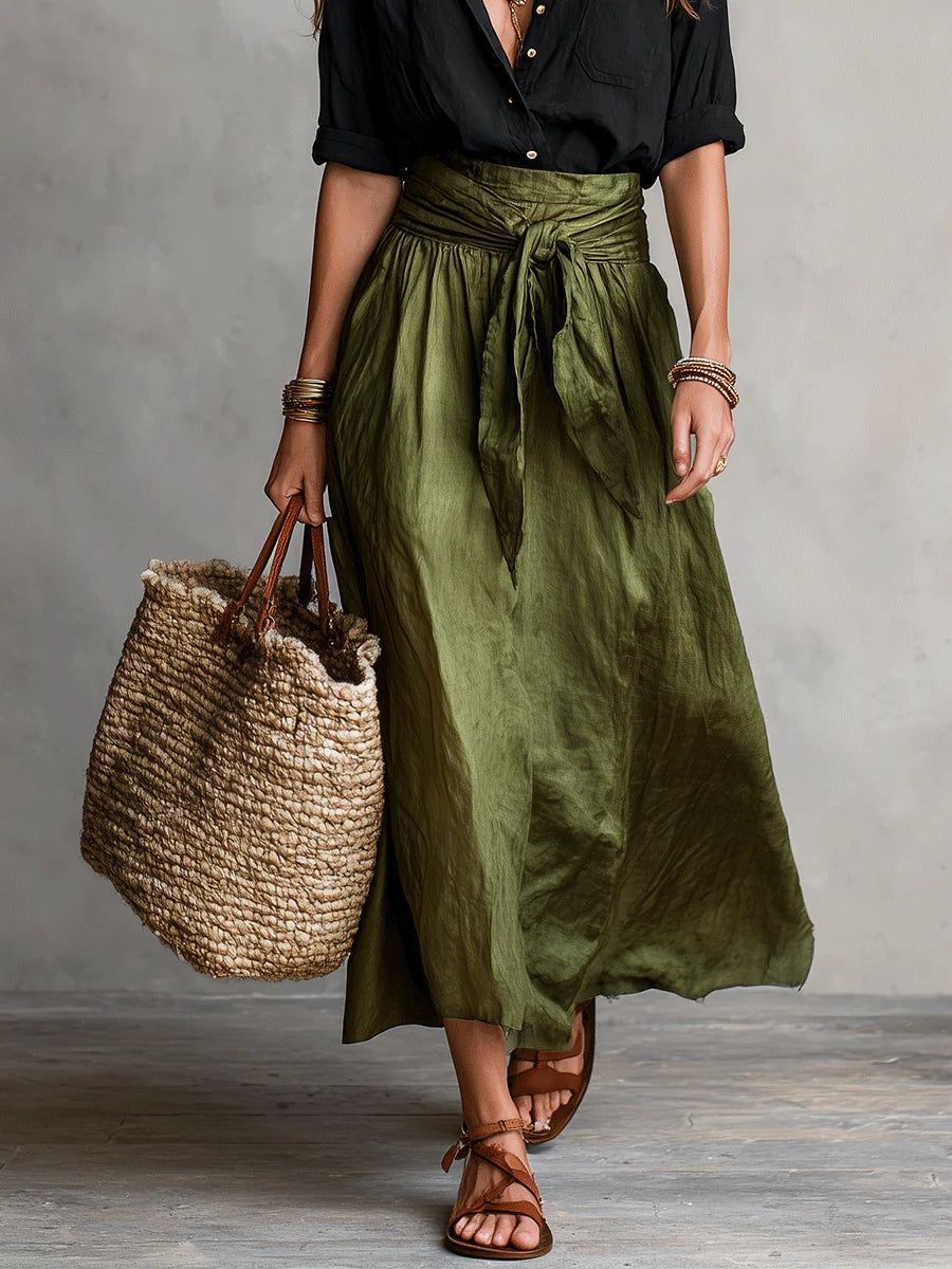 Black Shirt And Olive Green Midi Skirt Two-piece Suit