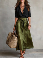 Black Shirt And Olive Green Midi Skirt Two-piece Suit