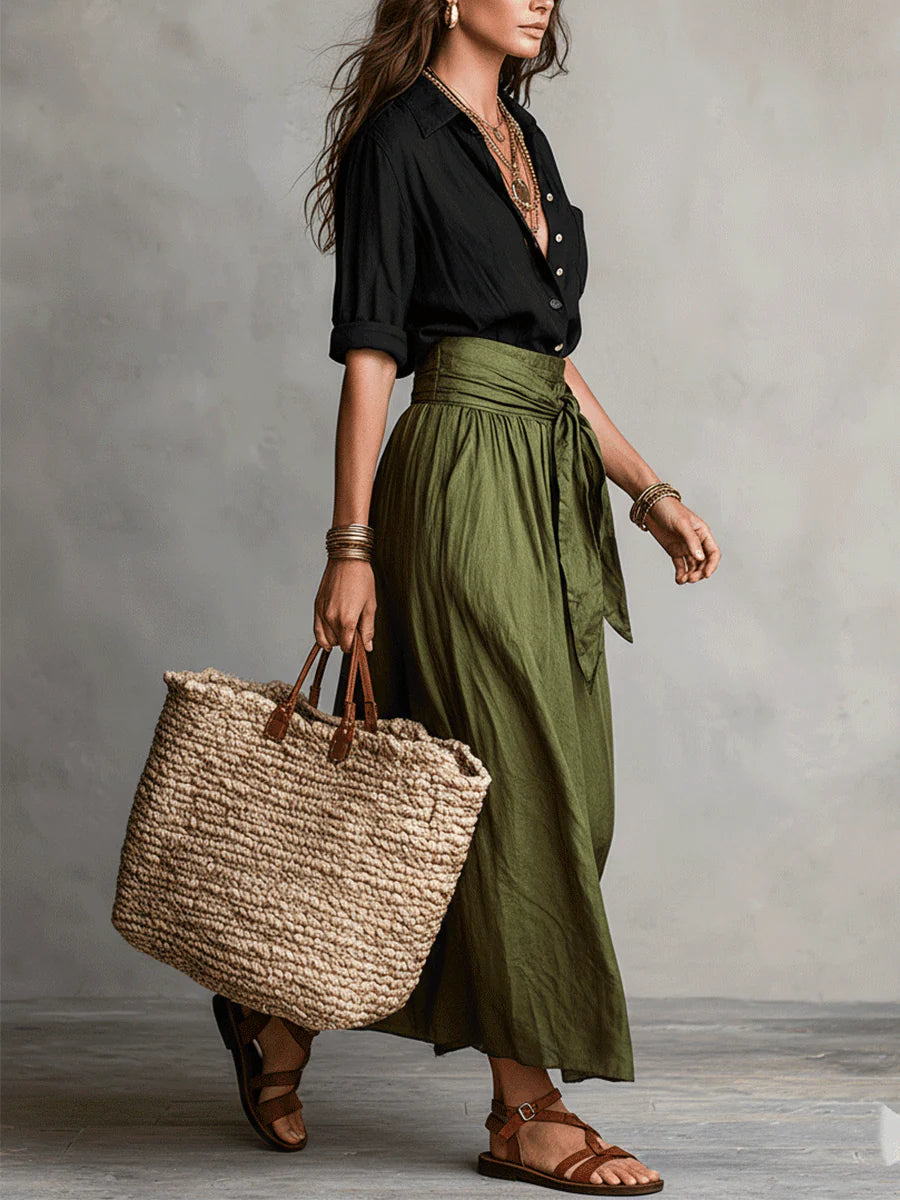 Black Shirt And Olive Green Midi Skirt Two-piece Suit