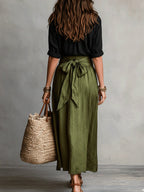 Black Shirt And Olive Green Midi Skirt Two-piece Suit