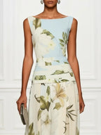Blue And White Floral Ruffled Boat Neck Sleeveless Maxi Dress