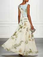 Blue And White Floral Ruffled Boat Neck Sleeveless Maxi Dress