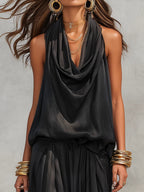 Black Halter Neck Sleeveless Top And Pleated Trousers Set