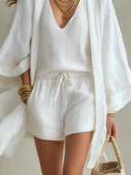 White Loose Cardigan And Drawstring Shorts Three-piece Set