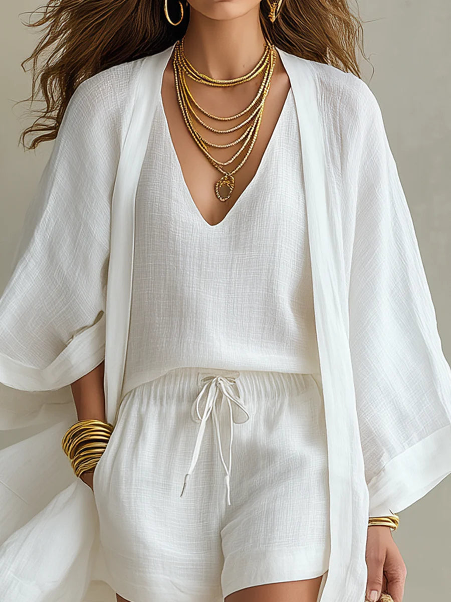 White Loose Cardigan And Drawstring Shorts Three-piece Set