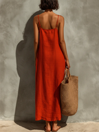 Red Faux Linen Suspender Square Neck Maxi Dress
