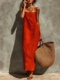 Red Faux Linen Suspender Square Neck Maxi Dress