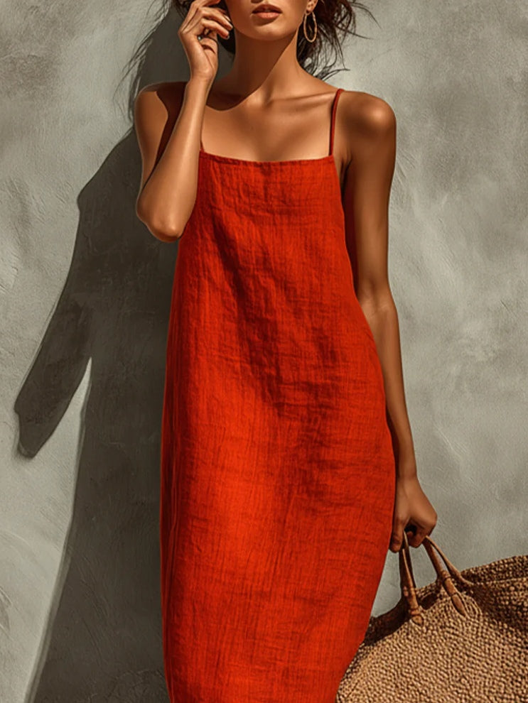 Red Faux Linen Suspender Square Neck Maxi Dress