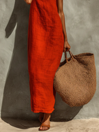 Red Faux Linen Suspender Square Neck Maxi Dress