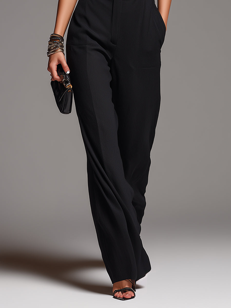 Black Chiffon Ruffled Sleeve Blouse And High-waisted Wide-leg Pants Set