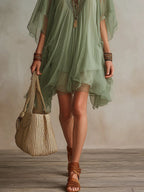 Green Chiffon V-neck Layered Flowy Mini Dress