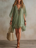 Green Chiffon V-neck Layered Flowy Mini Dress