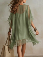 Green Chiffon V-neck Layered Flowy Mini Dress