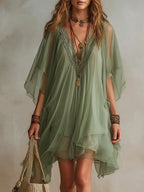 Green Chiffon V-neck Layered Flowy Mini Dress