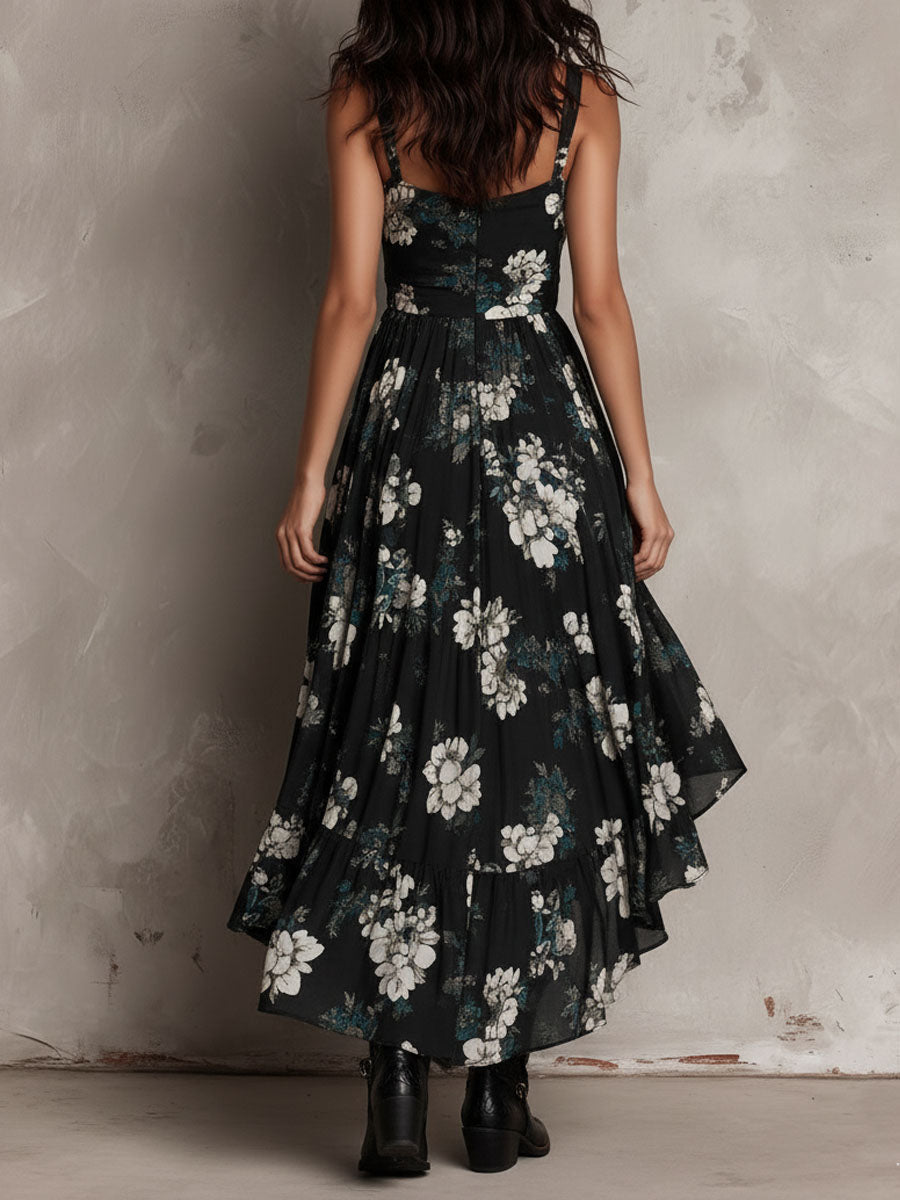 Black Bohemian Floral Print Irregular Strapless Maxi Dress