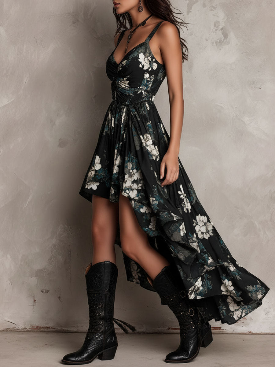 Black Bohemian Floral Print Irregular Strapless Maxi Dress