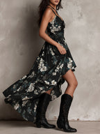 Black Bohemian Floral Print Irregular Strapless Maxi Dress