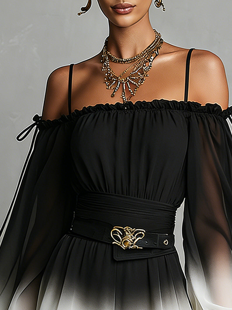Black And White Gradient Off-shoulder Gradient Chiffon Jumpsuit(with belt)