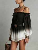 Black And White Gradient Off-shoulder Gradient Chiffon Jumpsuit(with belt)