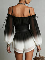 Black And White Gradient Off-shoulder Gradient Chiffon Jumpsuit(with belt)