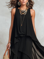 Black Chiffon Layered Round Neck Sleeveless Maxi Dress