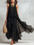 Black Chiffon Layered Round Neck Sleeveless Maxi Dress
