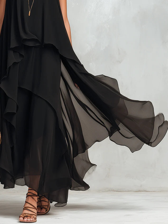 Black Chiffon Layered Round Neck Sleeveless Maxi Dress