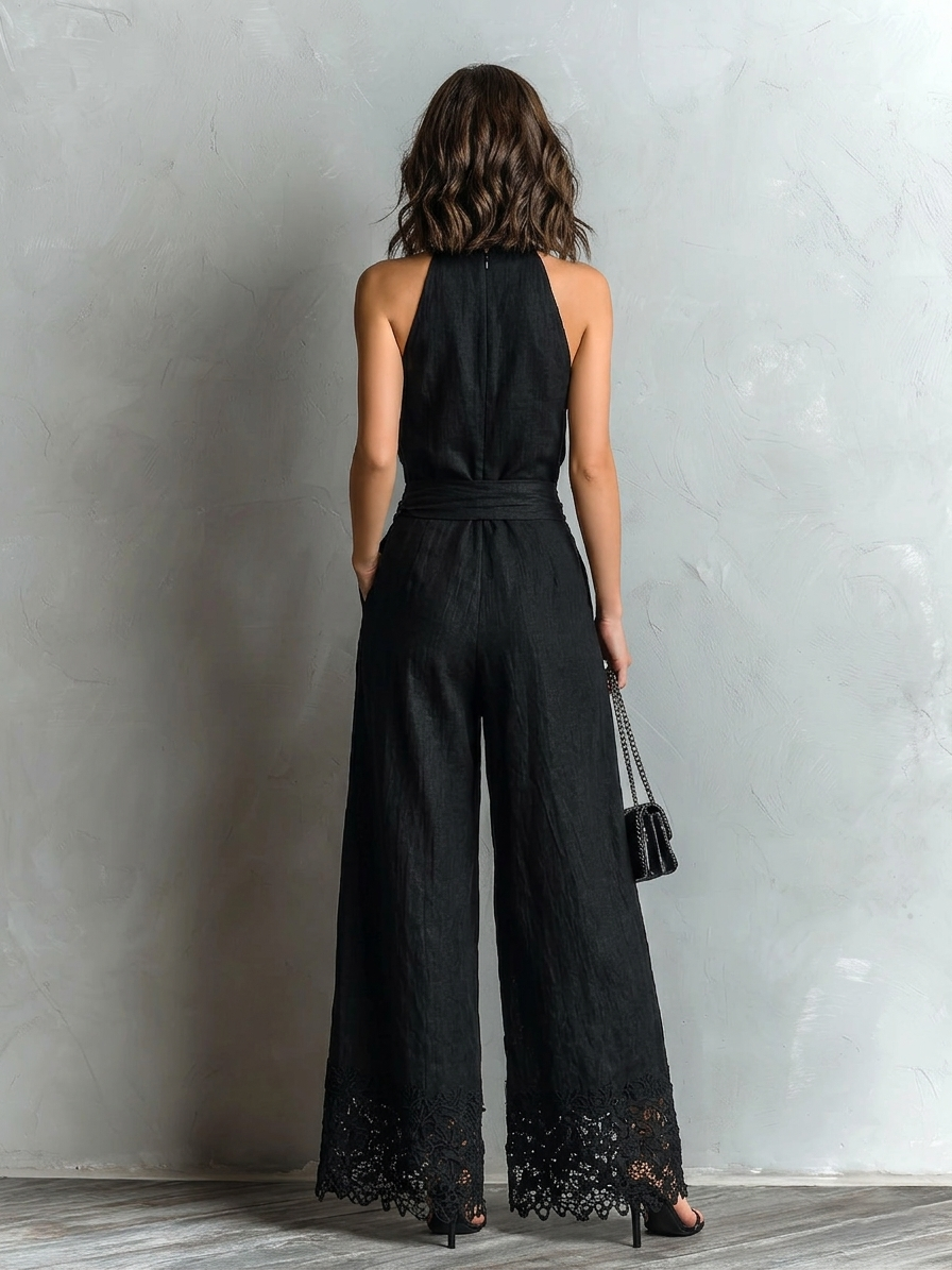 Black Faux Cotton-linen Halter Neck Vest With Tie-up Lace-trimmed Wide-leg Pants Set